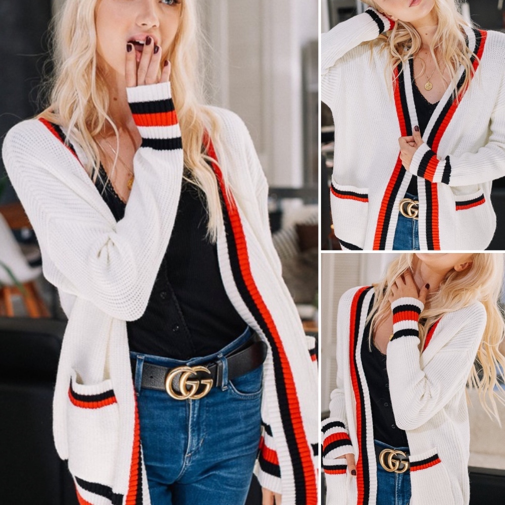 ➡️Tri Color Striped Knit Varsity Sweater